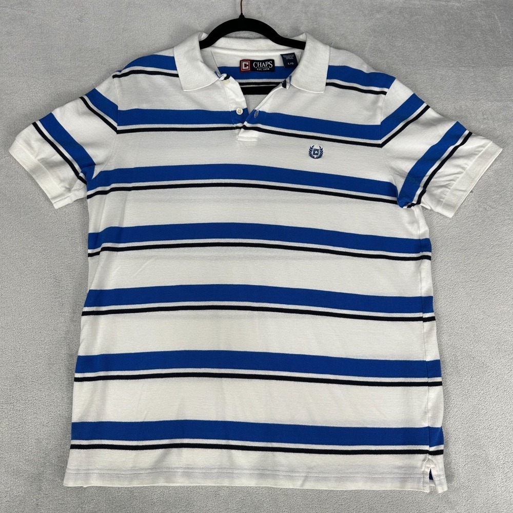 Chaps‎ Polo Shirt Men's Large White w/ Blue Black Stripes Golf Tennis Preppy